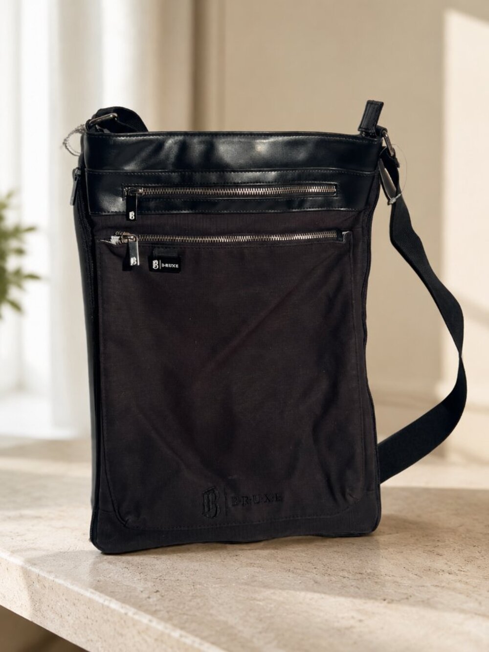 BRUXE Black Canvas Crossbody Bag Messenger Tablet Case Multi Pocket